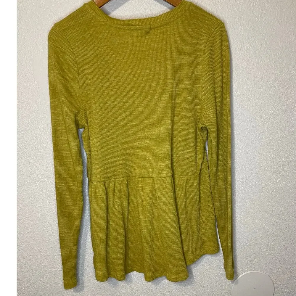 Anthropologie T.La V Neck Ribbed Babydoll Long Sleeve Top Citron Yellow Green XS - Picture 2 of 15